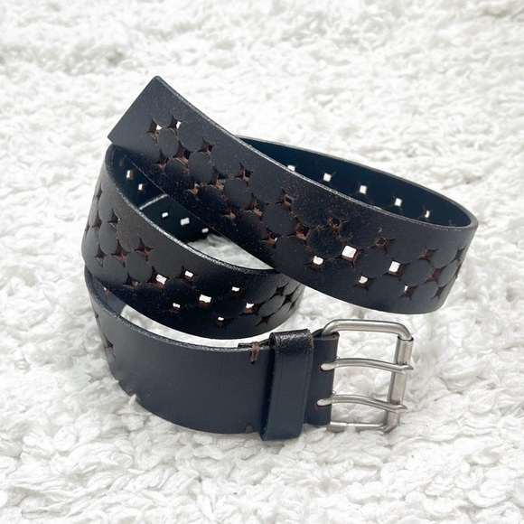 Express Vintage Perforated Brown Leather Belt Silver Buckle Medium Adjustable